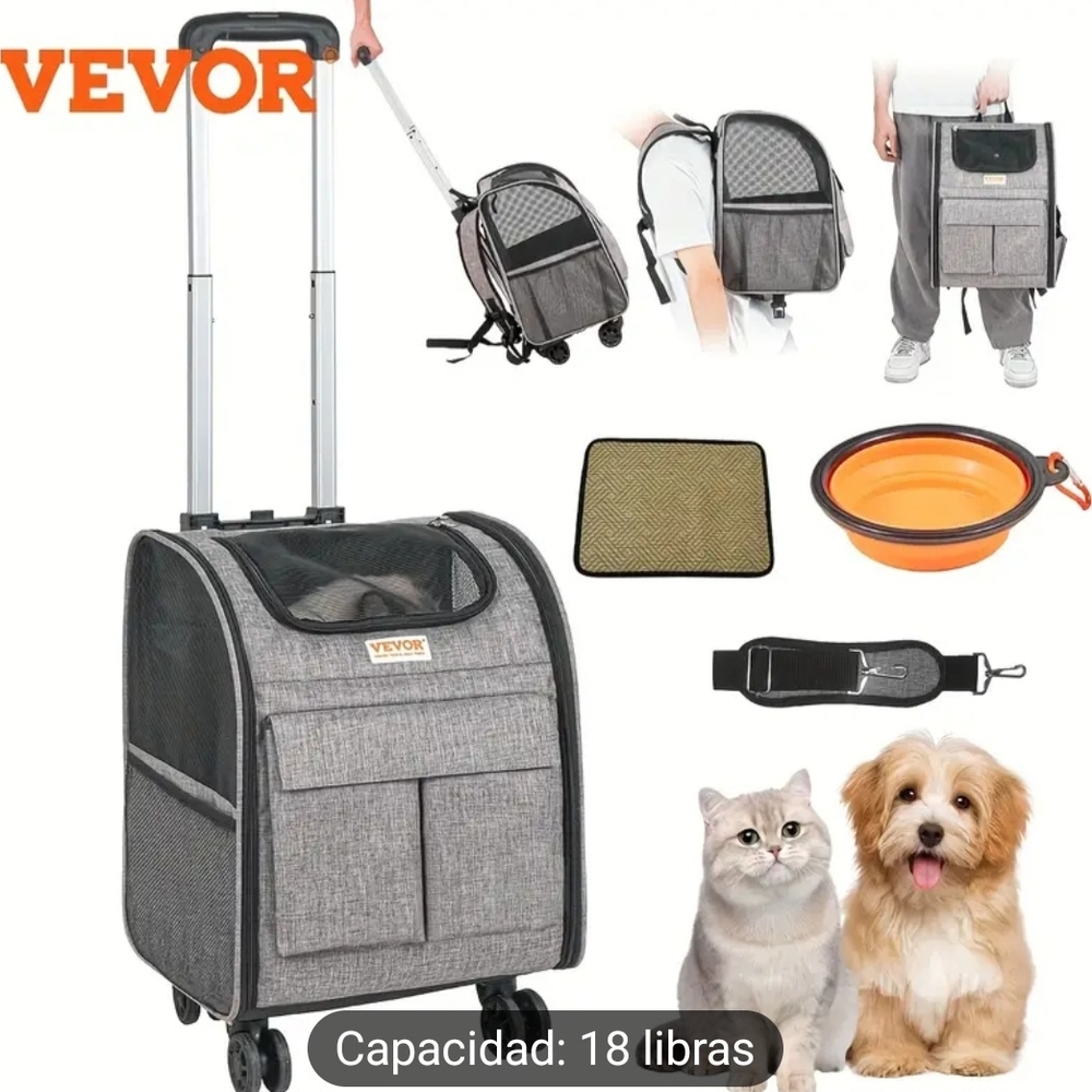Gray Pet Carrier Backpack with Wheels